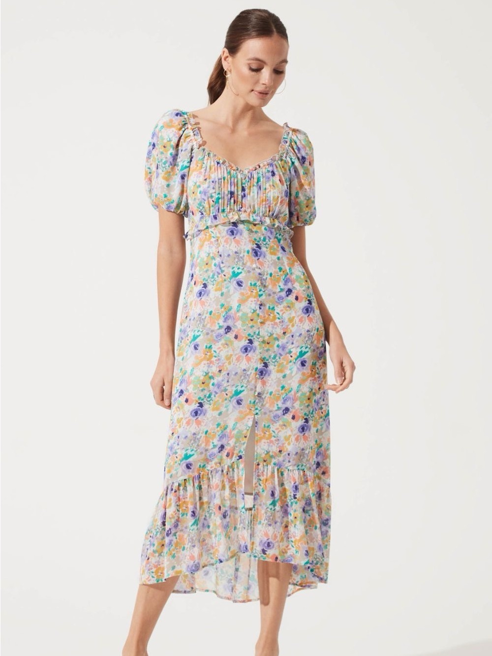 ASTR The Label Balloon Sleeve Midi Dress Cottagecore Smocked Purple Multi S